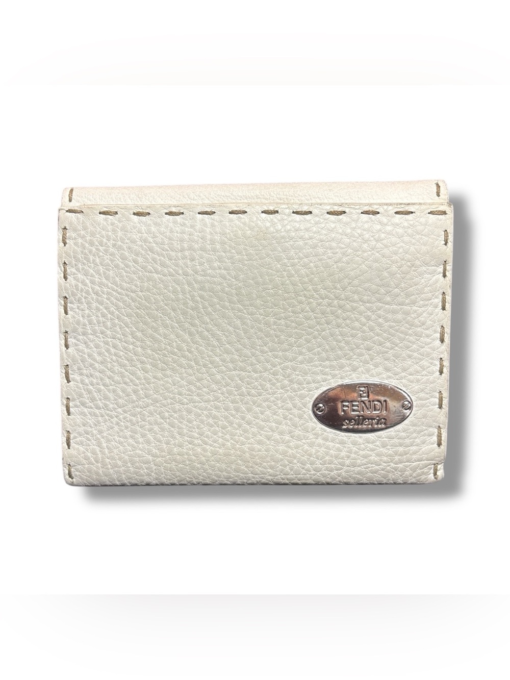 Auth FENDI Selleria White Grained Leather Compact Bifold Wallet